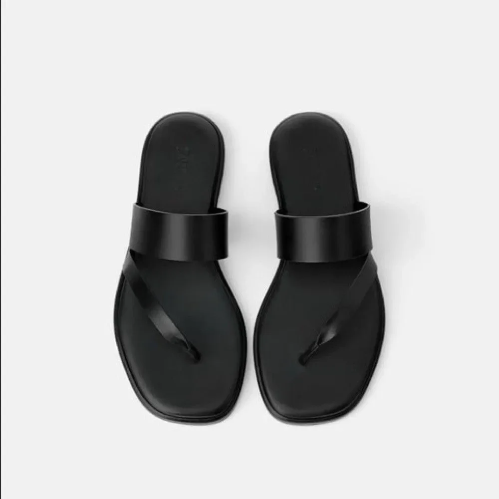Zara Leather Sandals Womens EU 40 US 9 Black Strappy Casual Slide On Minimalist - Picture 13 of 13